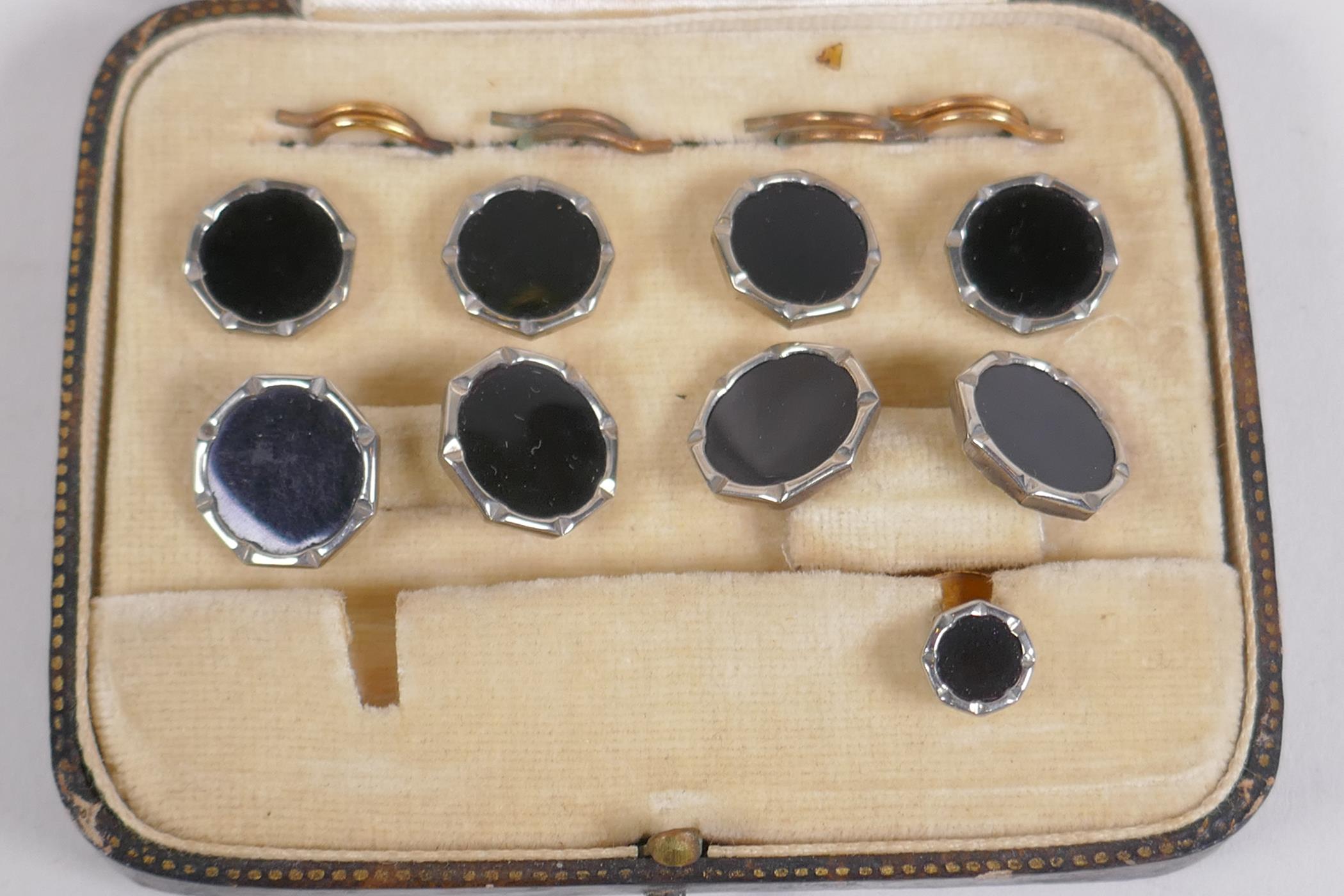 A cased set of black enamel and white metal cufflinks and studs, 1 stud missing - Image 2 of 3