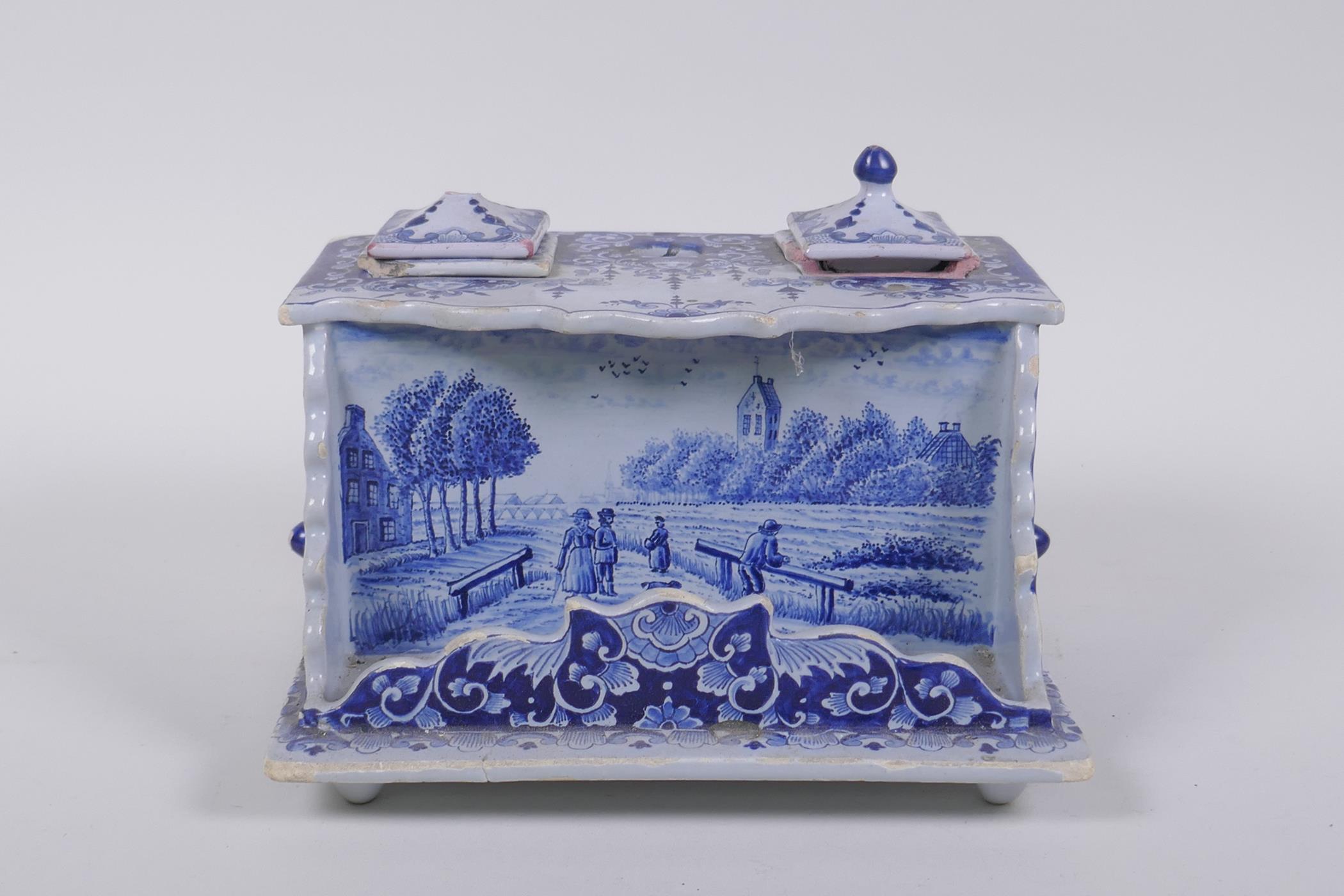 An C18th/C19th Delft blue and white desk stand with twin ink wells, marked Makkum to base, AF, 19 - Image 3 of 7