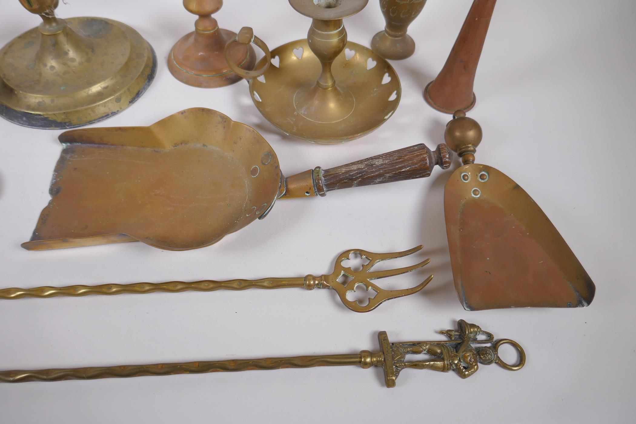 A quantity of brassware including a four spout whale oil lamp, pairs of candlesticks, ash trays, - Image 7 of 7