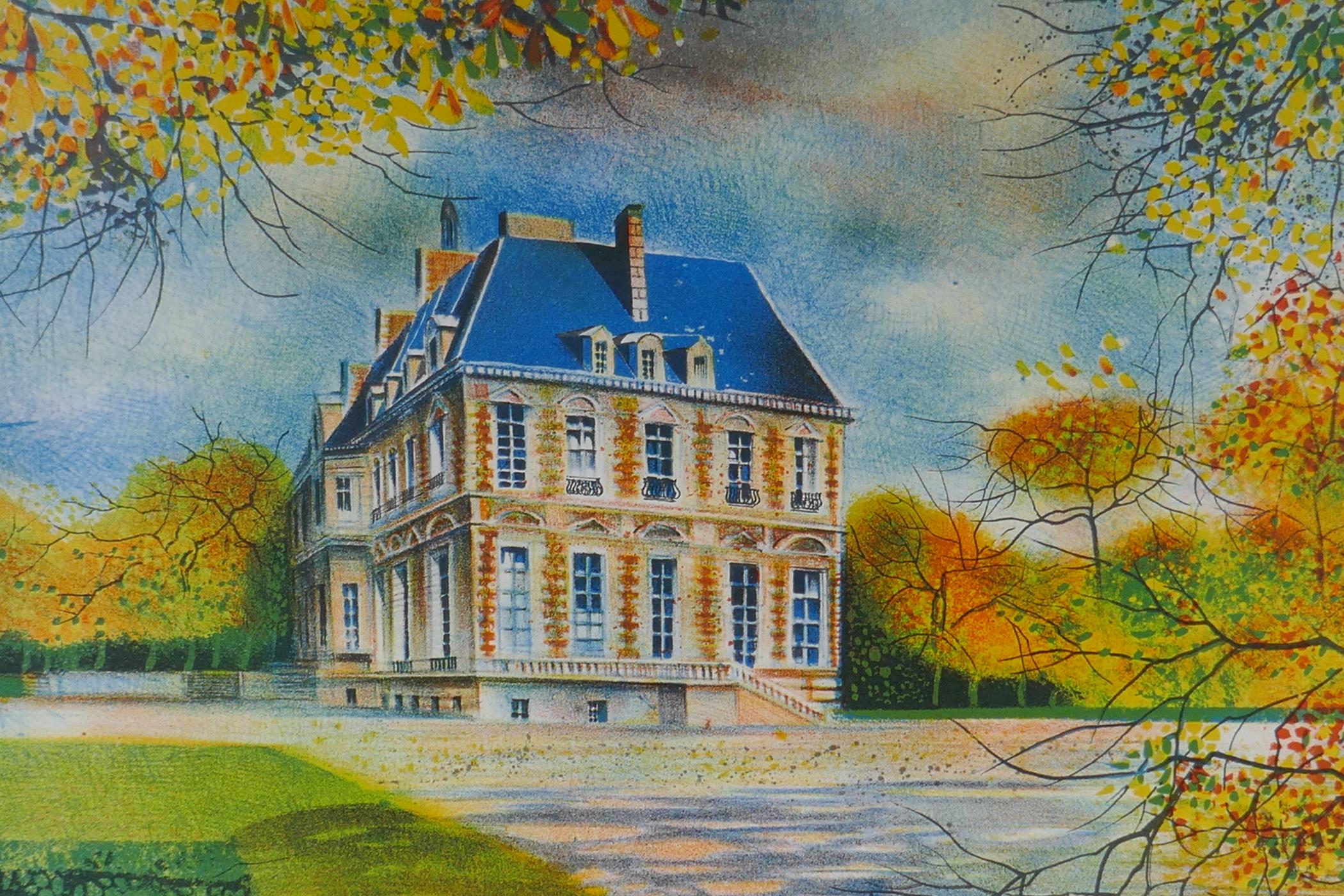 A limited edition lithograph of a French chateau, indistinctly pencil signed and numbered 86/275, 47