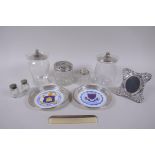 A collection of hallmarked silver and white metal mounted items, including a photograph frame, comb,