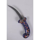 A Murghal style marble blue hardstone handled dagger with gilt and enamel decoration, 26cm long