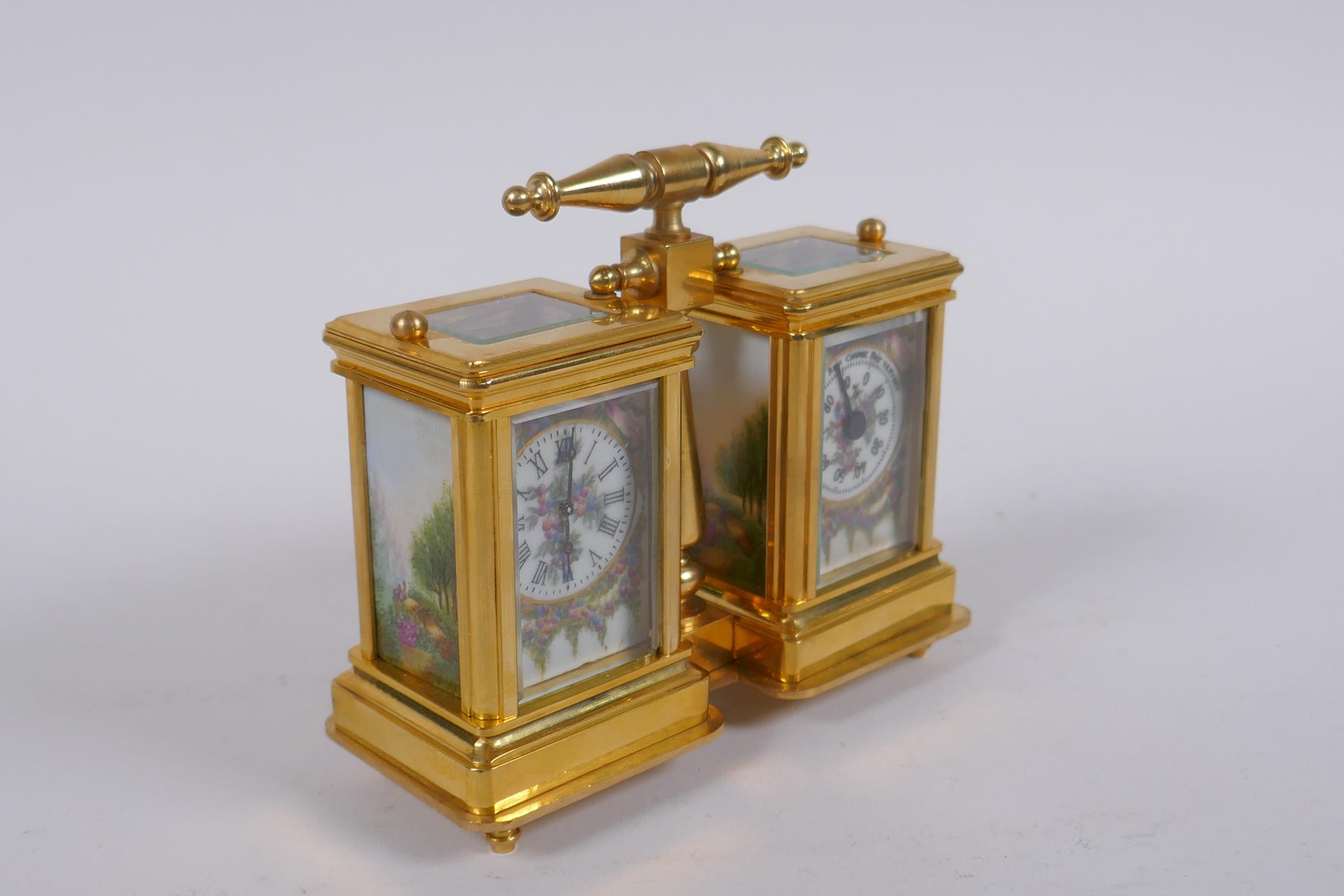 An ormolu and Sevres style porcelain twin carriage clock and barometer, the dials decorated with - Image 2 of 6