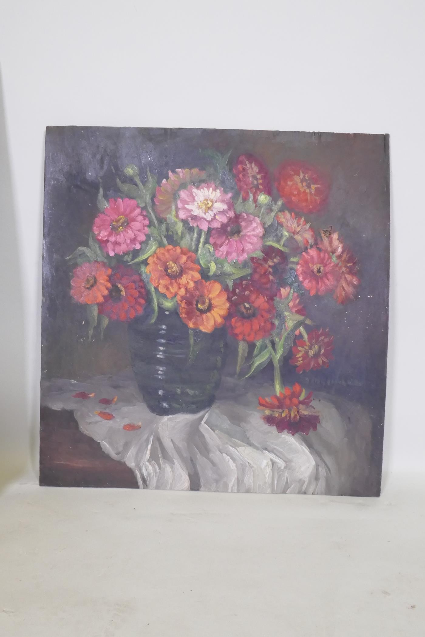 Still life, vase of flowers, unsigned, early/mid C20th, oil on board, 61 x 65cm - Image 2 of 4