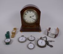 A mahogany cased Swiss mantel clock by Buren, three silver cased pocket watches and another, all AF,