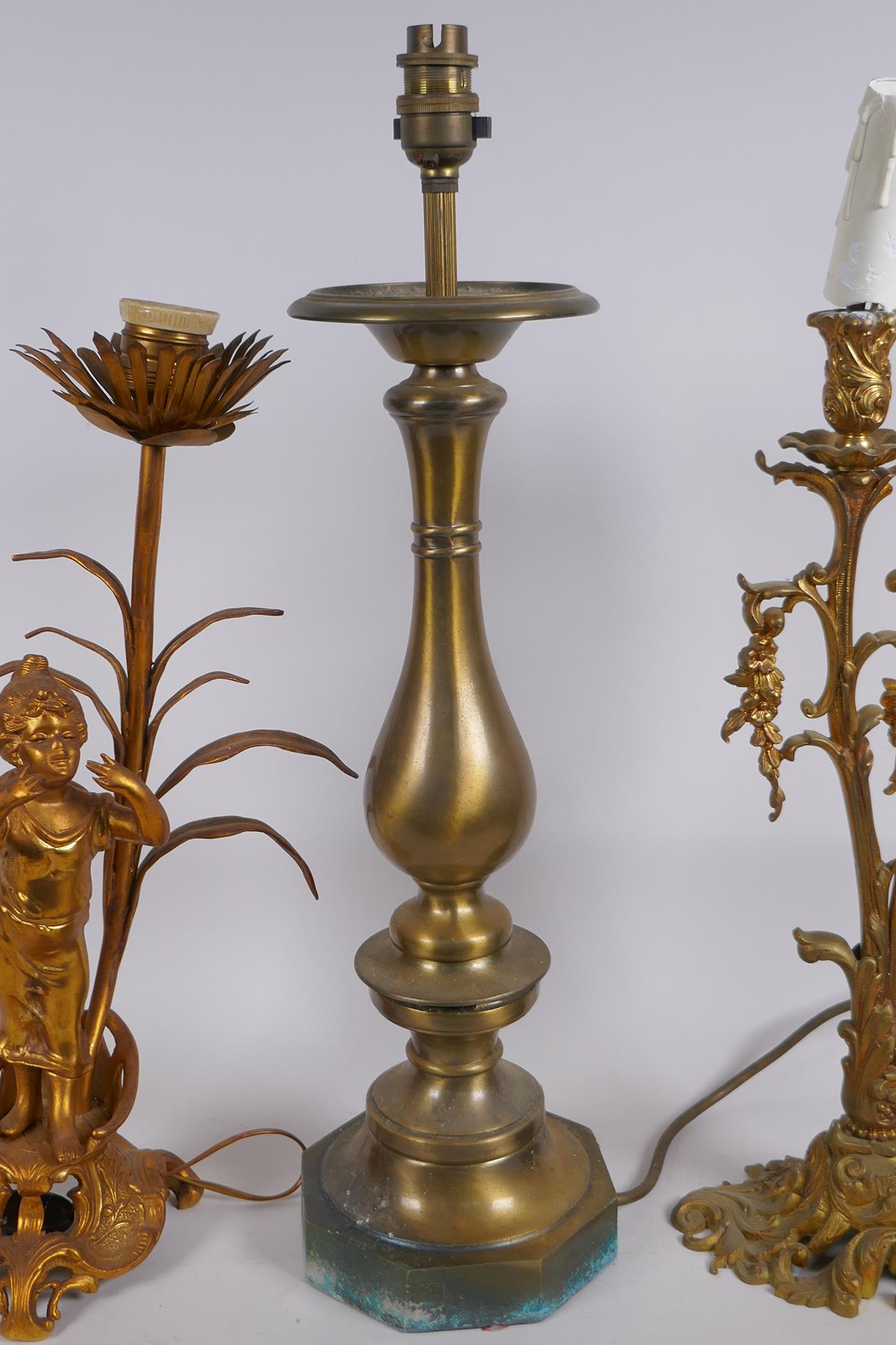 An ormolu fluted column table lamp, a gilt metal table lamp in the form of an urn, a gilt metal - Image 6 of 7