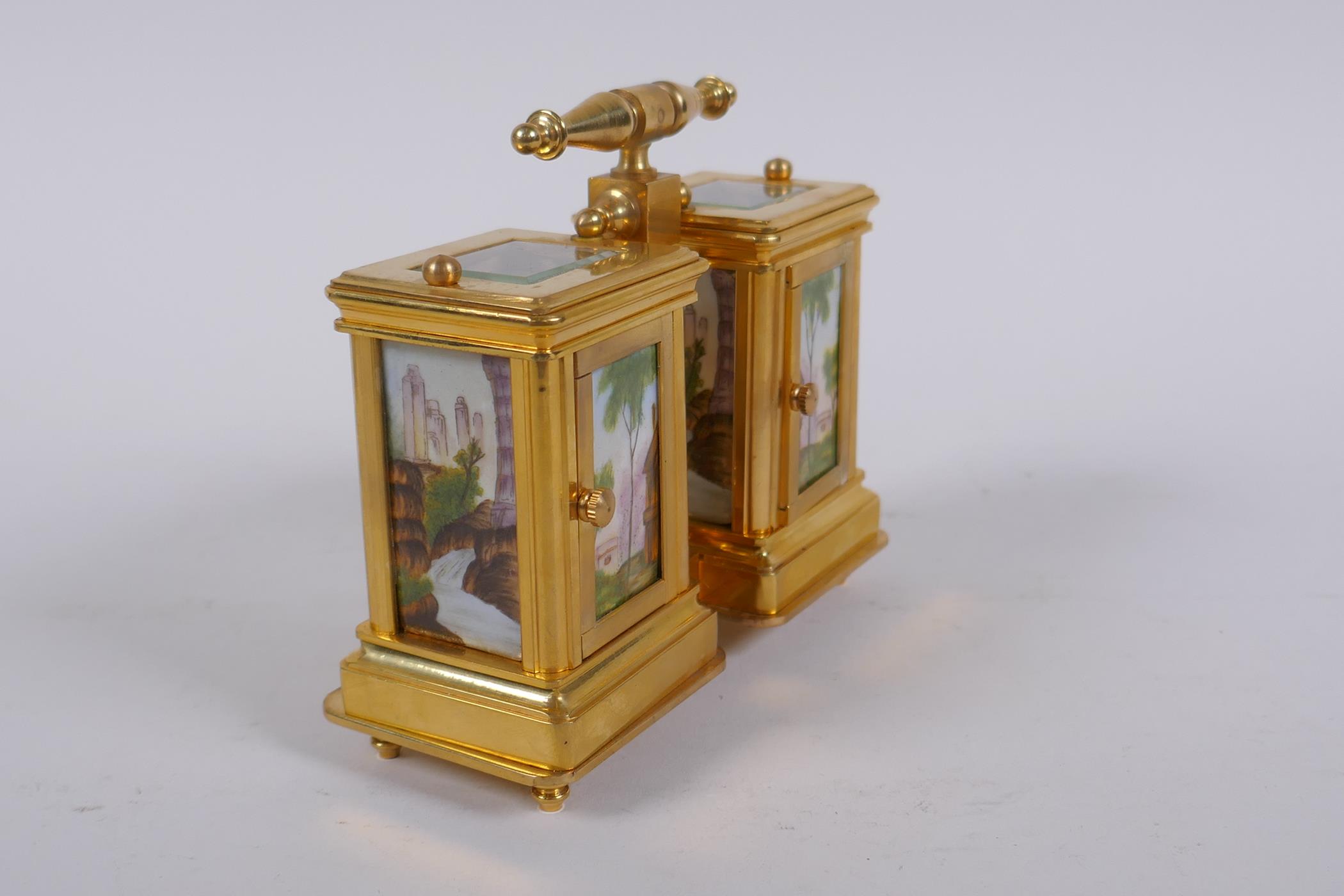 An ormolu and Sevres style porcelain twin carriage clock and barometer, the dials decorated with - Image 4 of 6