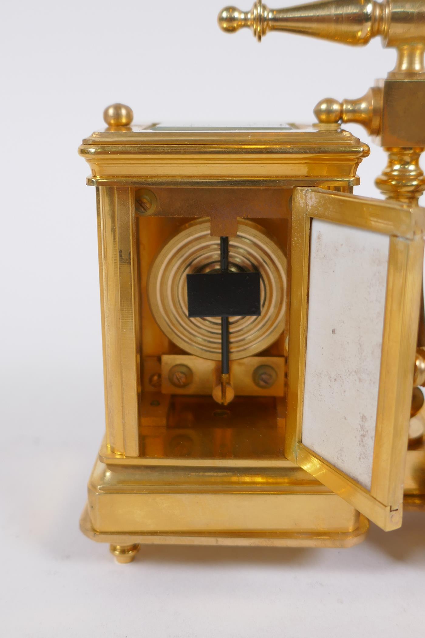 An ormolu and Sevres style porcelain twin carriage clock and barometer, the dials decorated with - Image 5 of 6