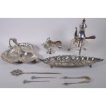 A quantity of silver plate including a coffee pot and stand, skewers, coal scuttle shaped