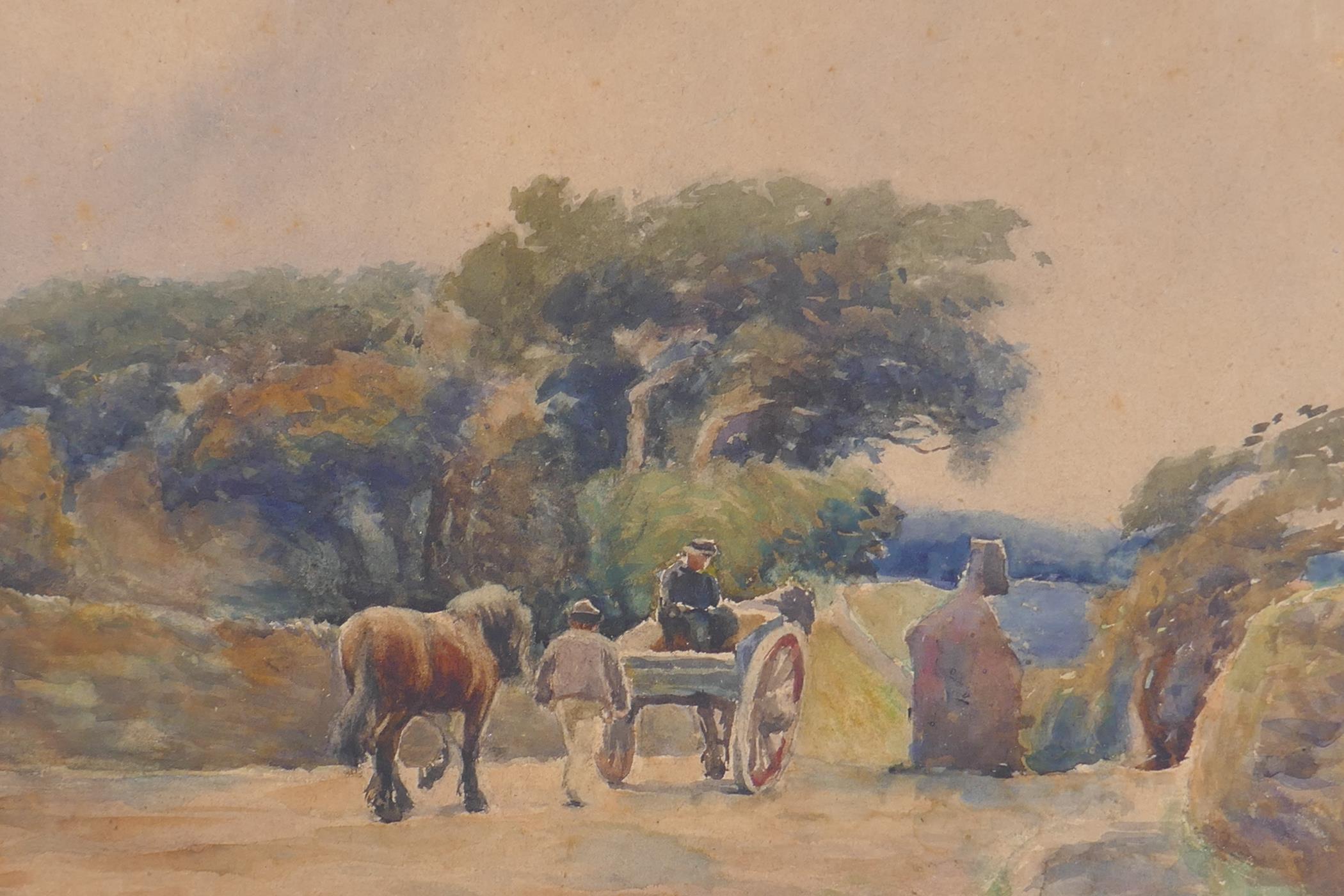 Claude Hayes, figures with horses and cart on a country road, signed, watercolour, 35 x 46cm