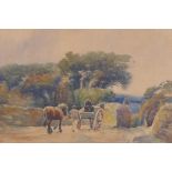 Claude Hayes, figures with horses and cart on a country road, signed, watercolour, 35 x 46cm