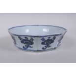 A blue and white porcelain steep sided dish with lobed rim and kylin decoration, Chinese Xuande 6