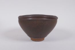 A Chinese Jian kiln pottery bowl with hares fur glaze, in a fitted wood box, 13cm diameter