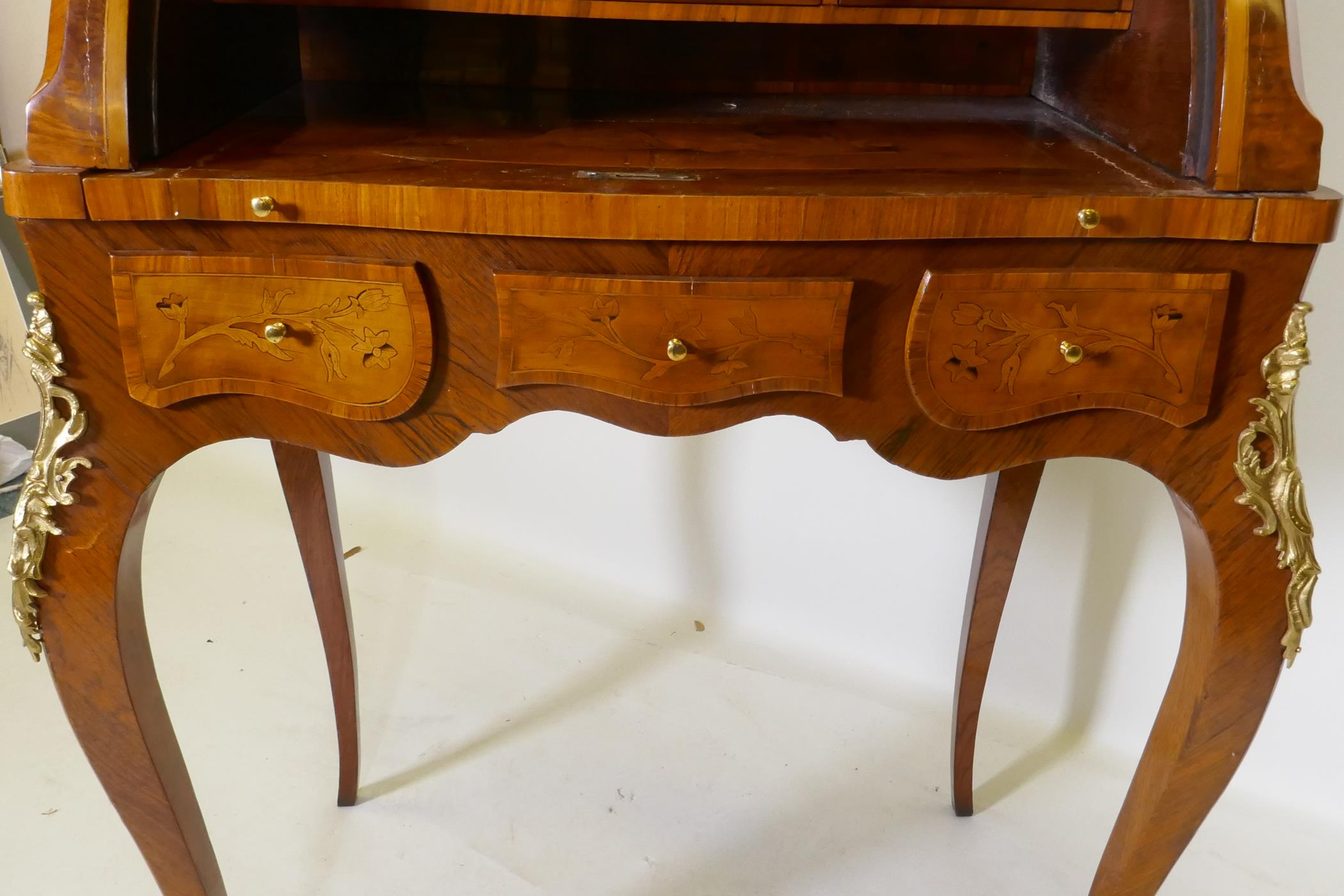 A rosewood marquetry inlaid bureau, with shaped top and cylinder front, the interior fitted with - Image 5 of 9