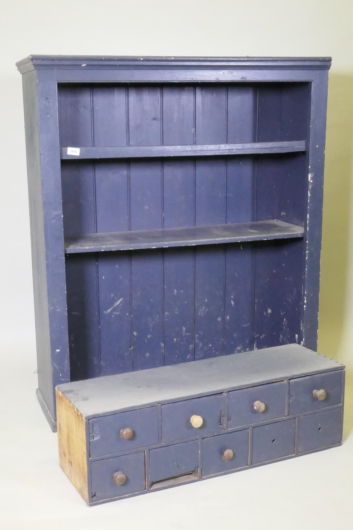 A painted pine open cabinet with an associated mahogany nest of drawers, 103cm x 39cm, 123cm high - Image 3 of 3