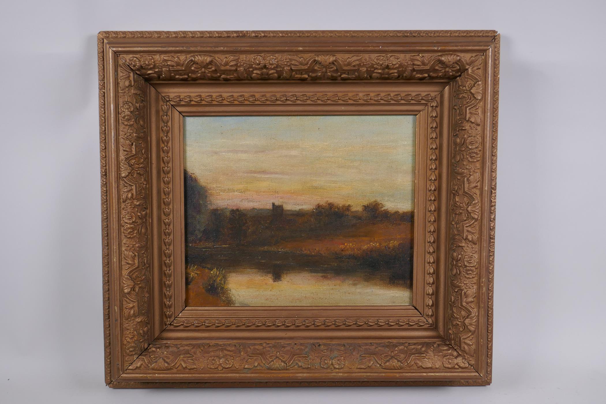 River landscape at sunset, C19th oil on canvas laid on board, in a heavy gilt frame, 25 x 30cm - Image 2 of 3