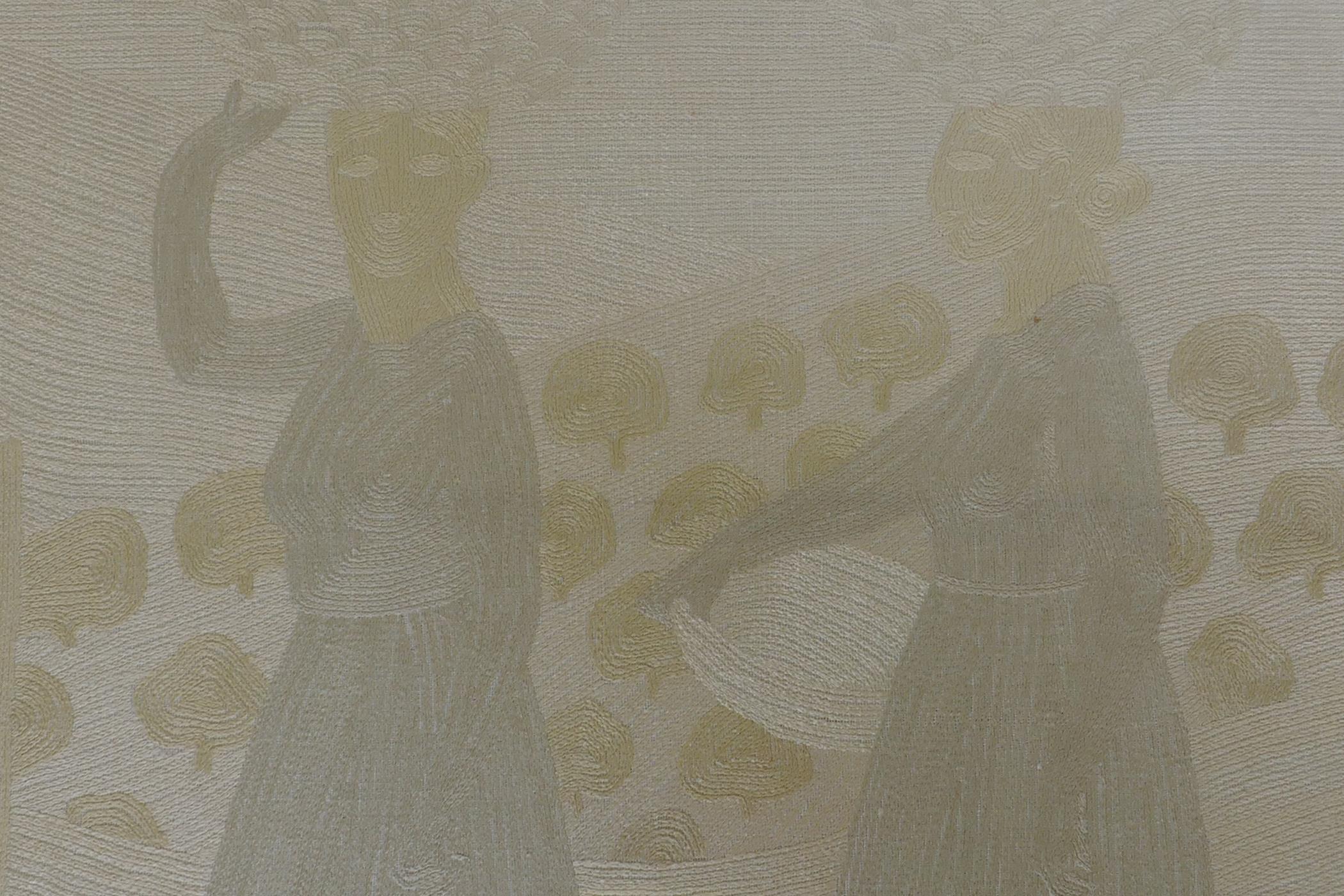 A fine silkwork embroidery, washer women at a fountain, first half of C20th?, 62 x 68cm - Image 4 of 5