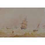 Mixed shipping off the coast, signed Albert, watercolour,  C19th maplewood frame, 23 x 33cm