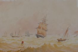 Mixed shipping off the coast, signed Albert, watercolour,  C19th maplewood frame, 23 x 33cm