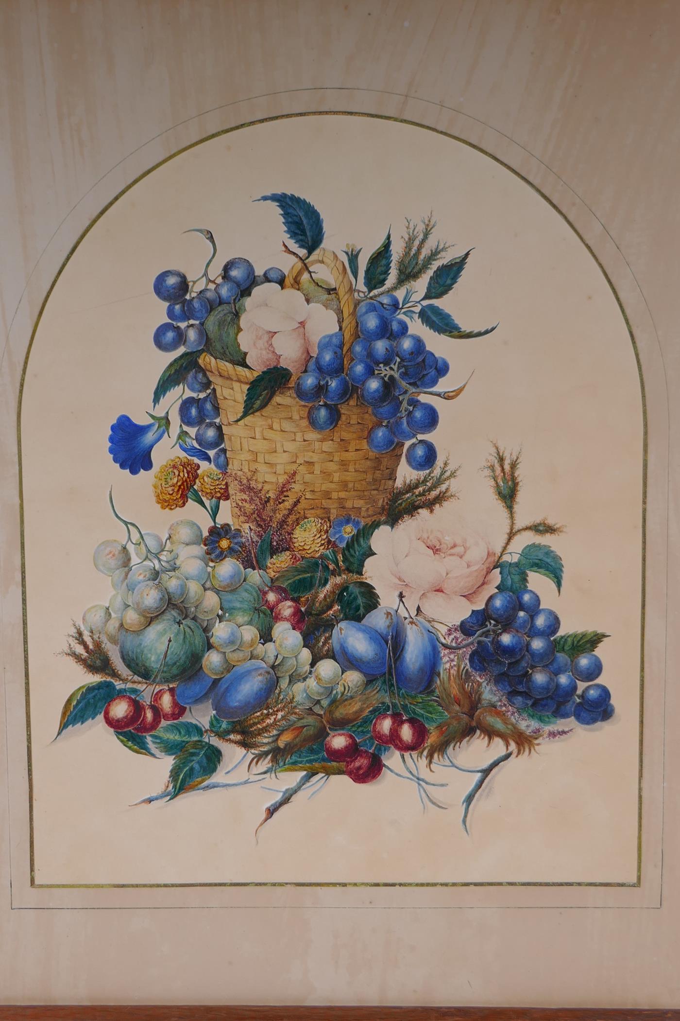 A Regency still life, grapes, plums and a basket of flowers, watercolour, 33 x 40cm - Image 2 of 3