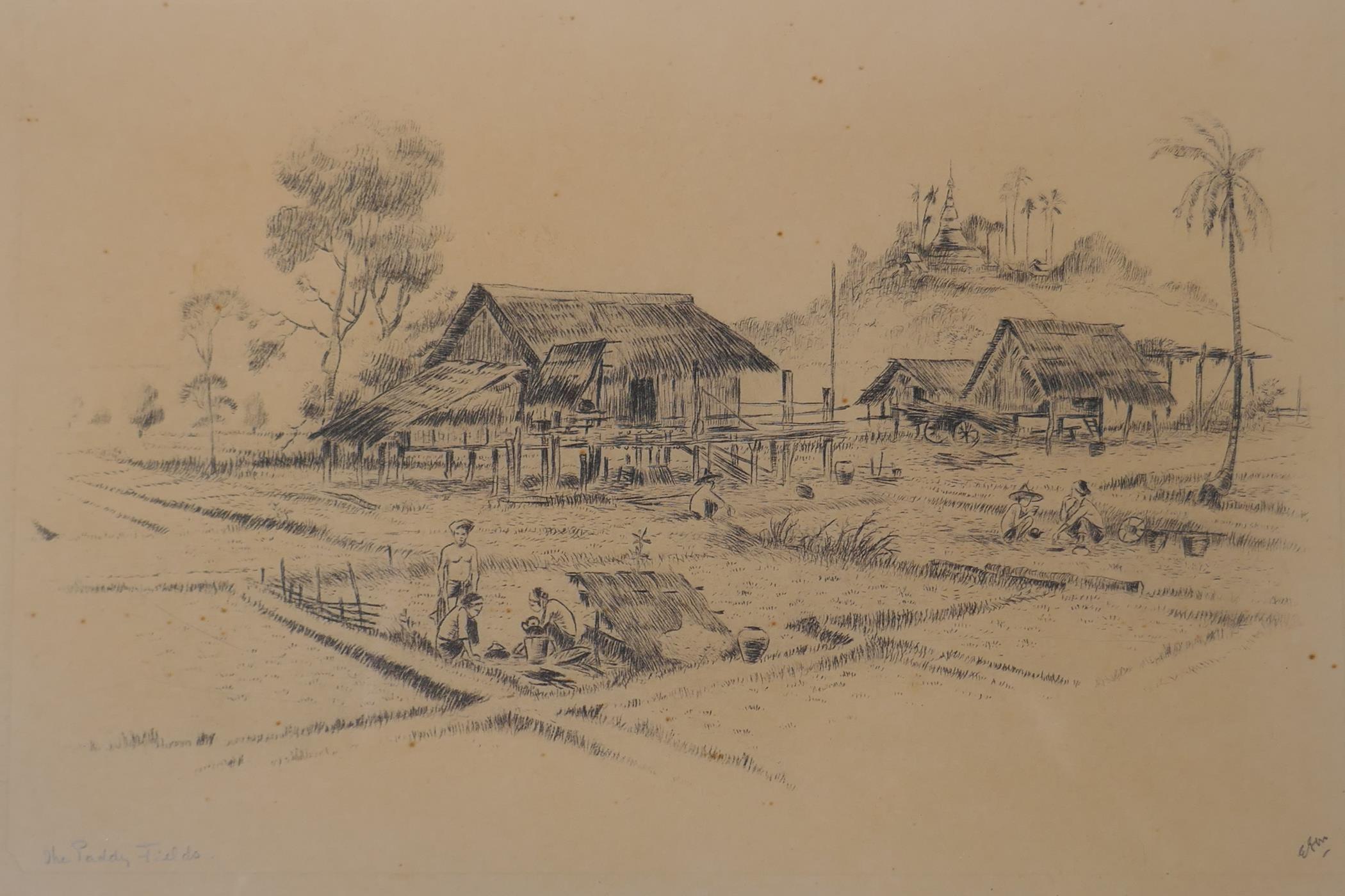 E.G. MacColl, four etchings of Burmese Scenes, monogrammed in pencil and titled The Paddy Fields, - Image 2 of 9