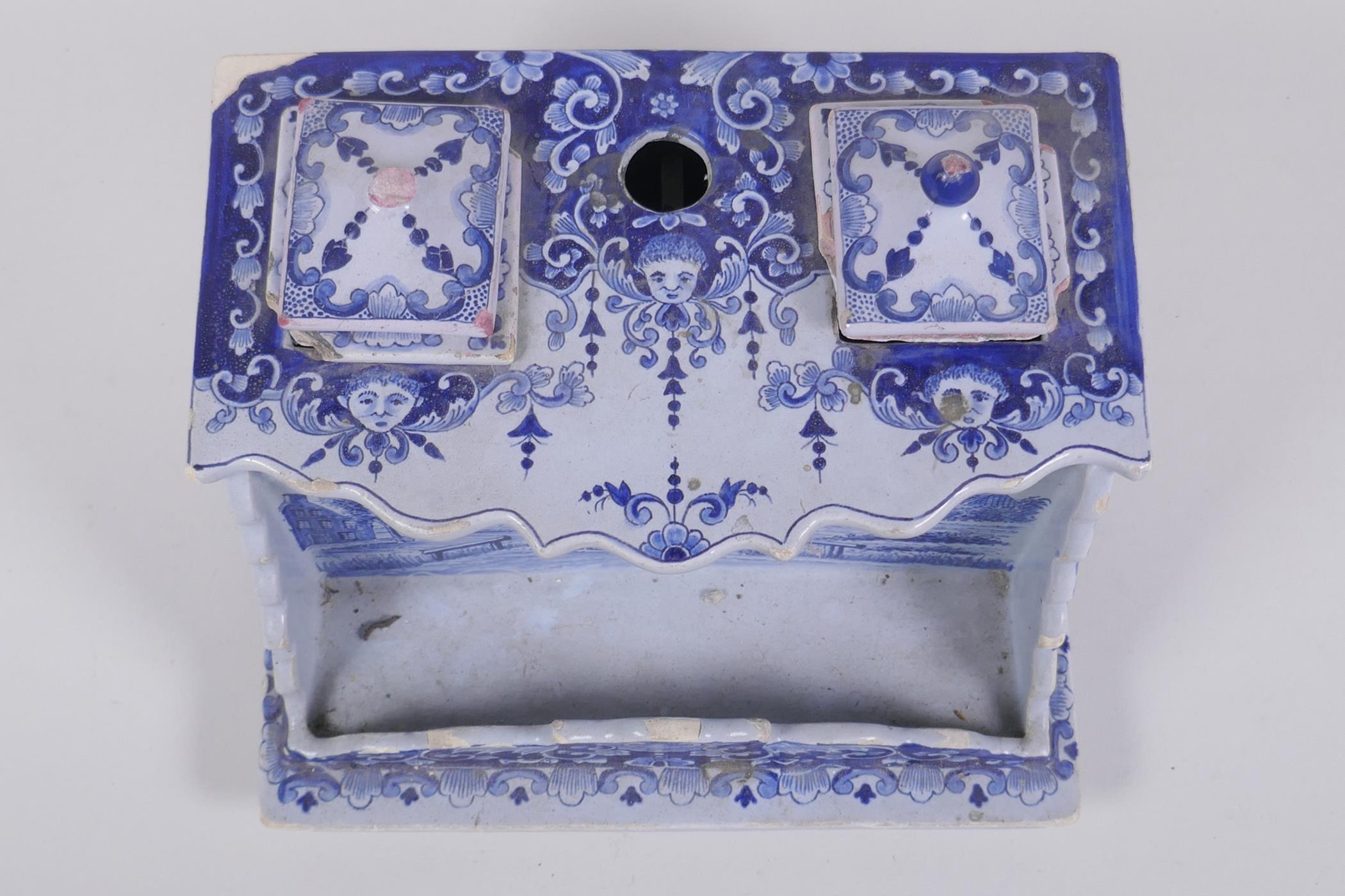 An C18th/C19th Delft blue and white desk stand with twin ink wells, marked Makkum to base, AF, 19 - Image 4 of 7