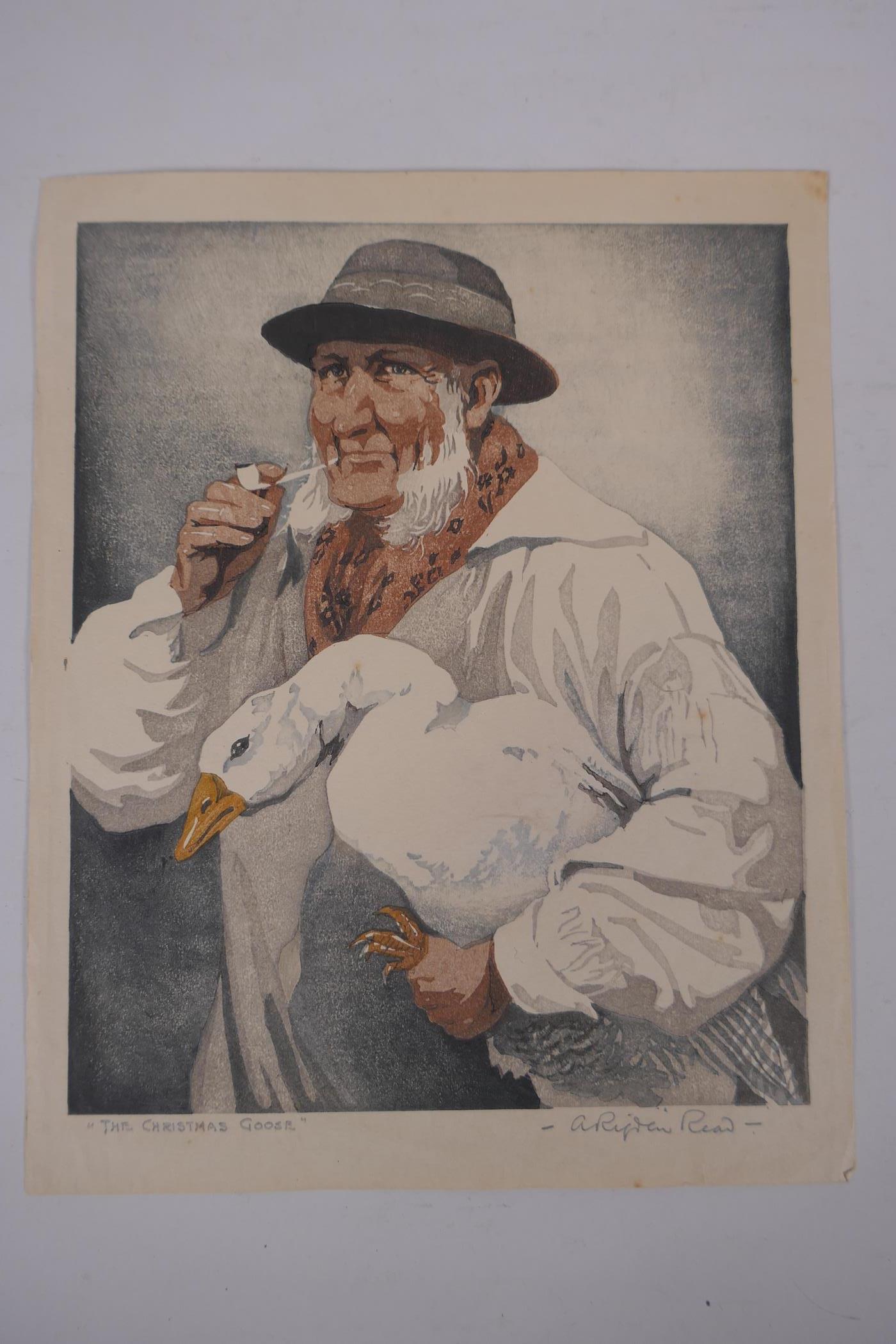 Arthur Rigden Read (British, 1879-1955), The Christmas Goose, pencil signed colour woodcut, 16.5 x