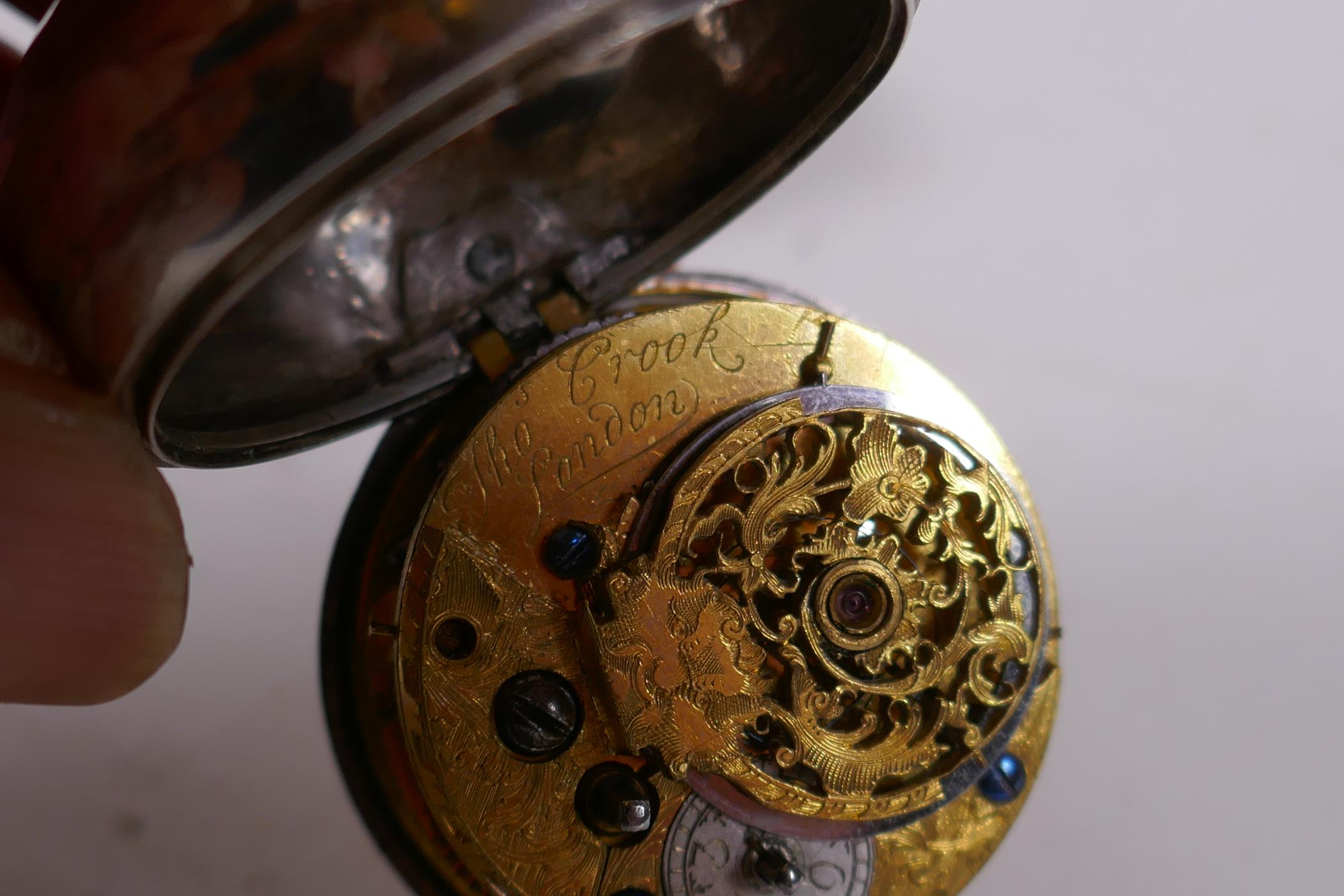 C18th silver cased fusee pocket watch, the movement inscribed Thos. Crook, London, the enamel dial - Image 4 of 8