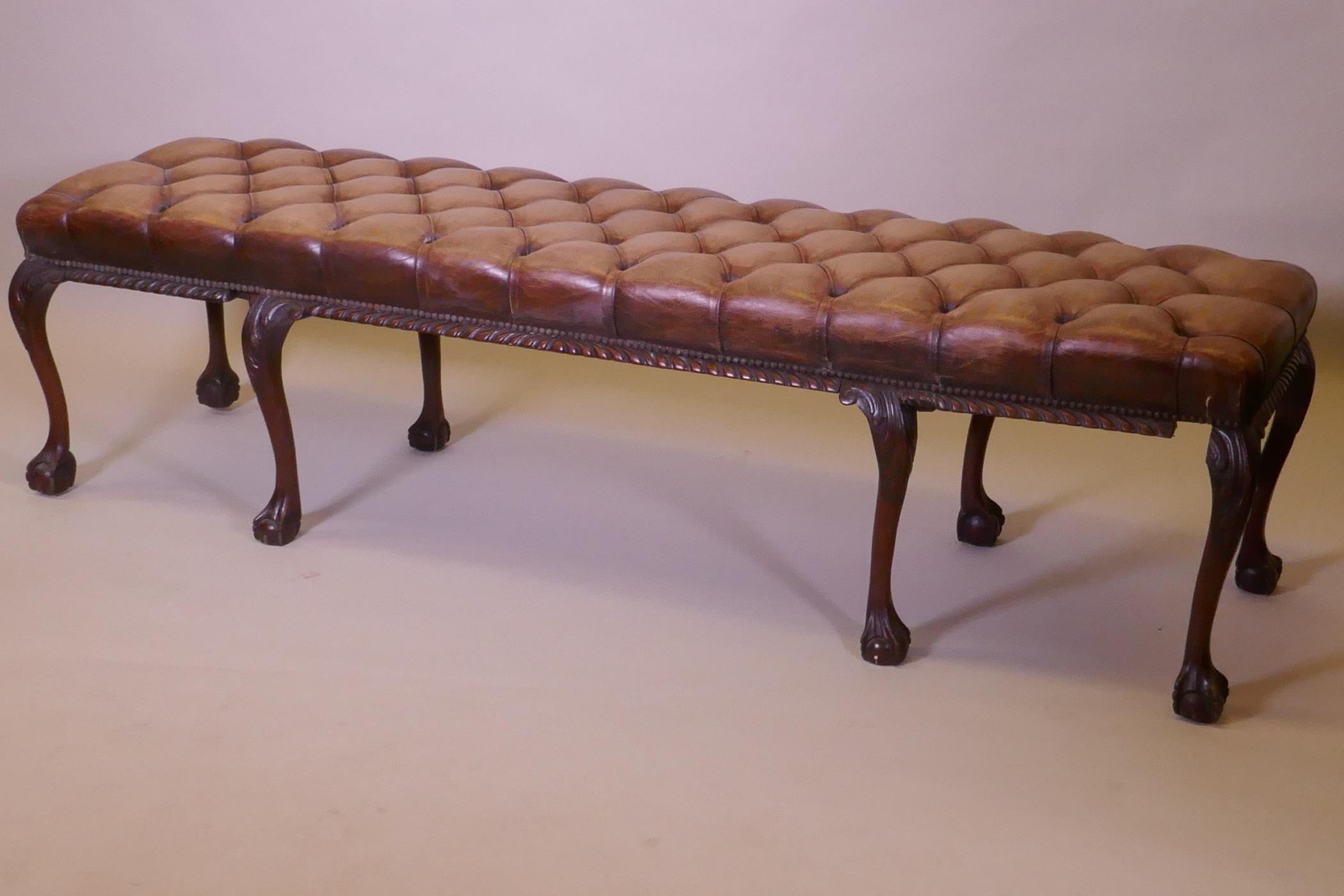 A mahogany bench raised on cabriole legs with claw and ball feet and a buttoned leather seat, 192 - Image 4 of 5
