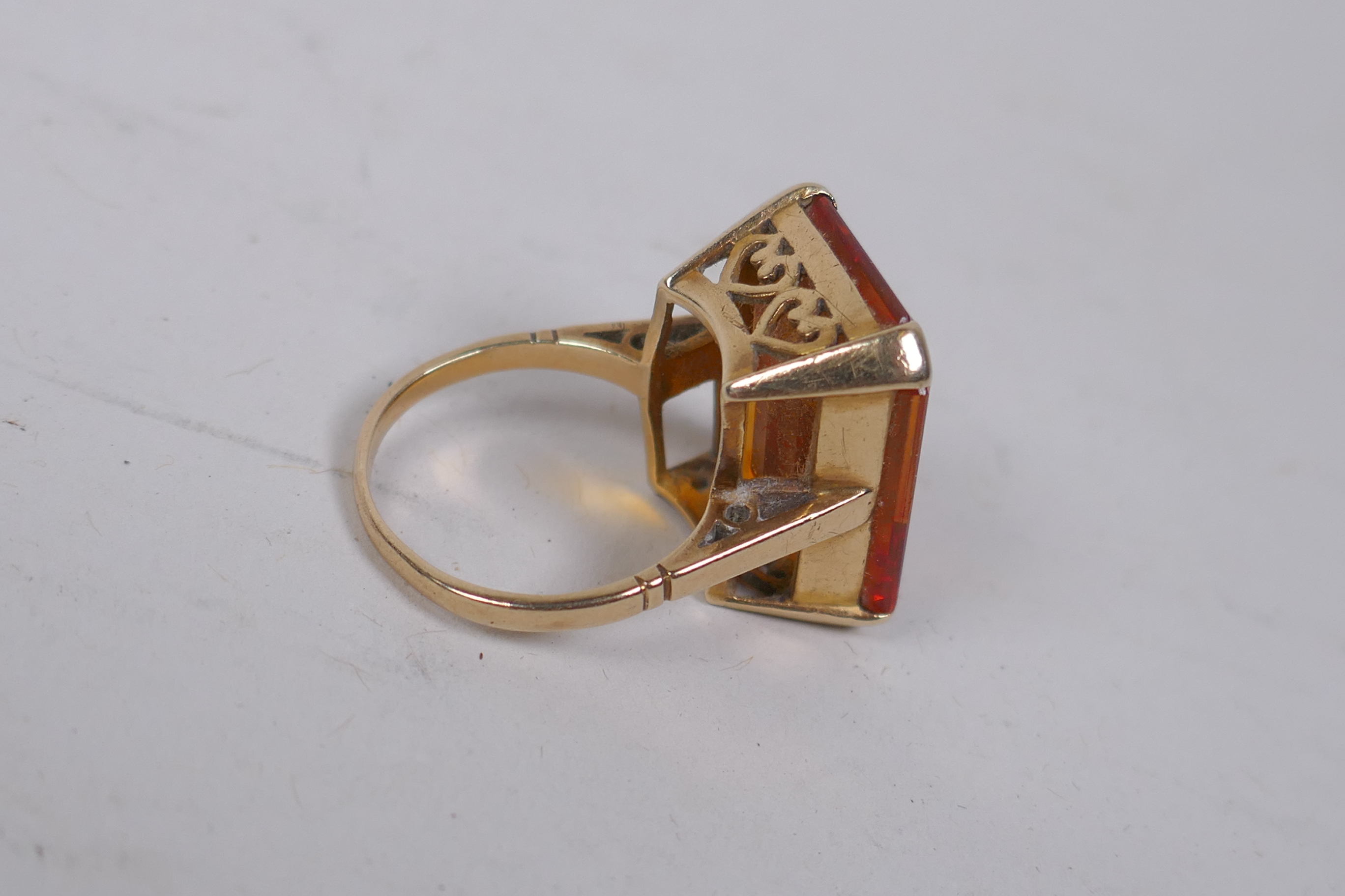 A vintage 9ct gold dress ring set with a large yellow topaz, size P, 11.6g gross - Image 2 of 2