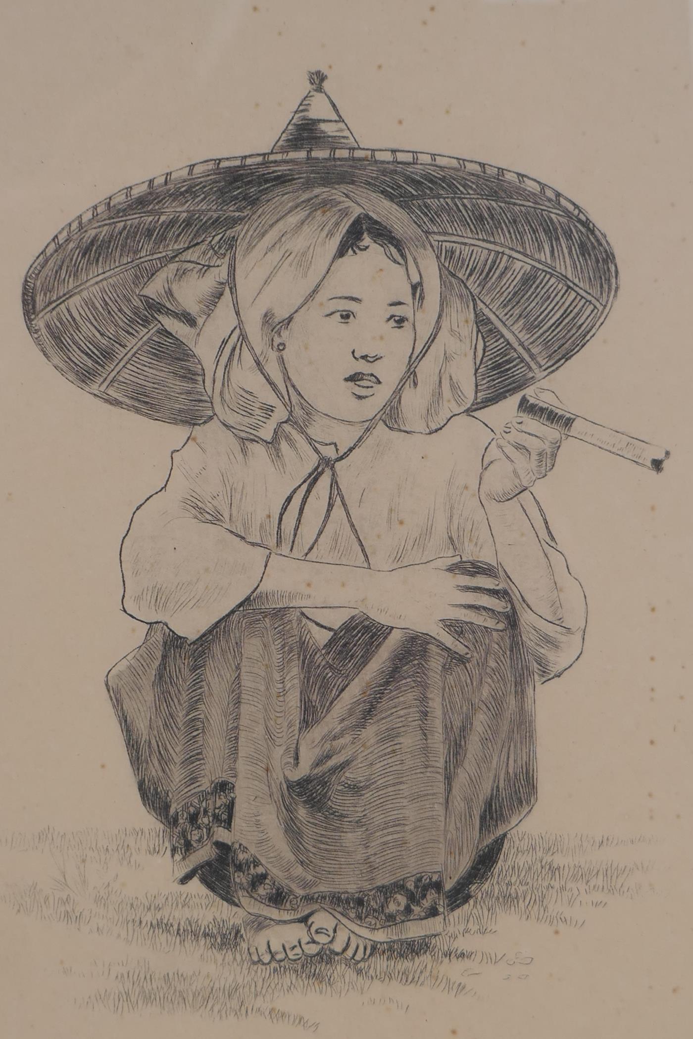 E.G. MacColl, four etchings of Burmese Scenes, monogrammed in pencil and titled The Paddy Fields, - Image 8 of 9