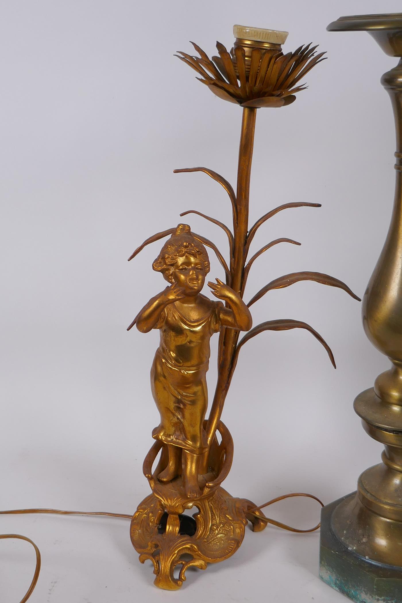 An ormolu fluted column table lamp, a gilt metal table lamp in the form of an urn, a gilt metal - Image 5 of 7