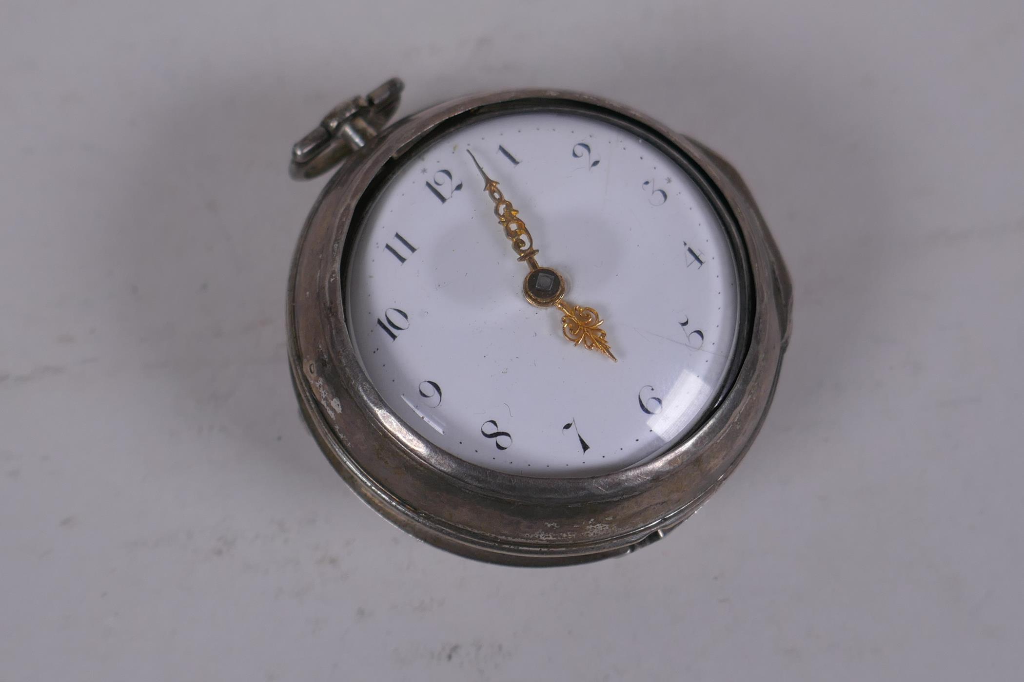C18th silver cased fusee pocket watch, the movement inscribed Thos. Crook, London, the enamel dial
