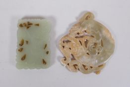 A Chinese carved and pierced celadon jade pendant with figural decoration, and another pendant