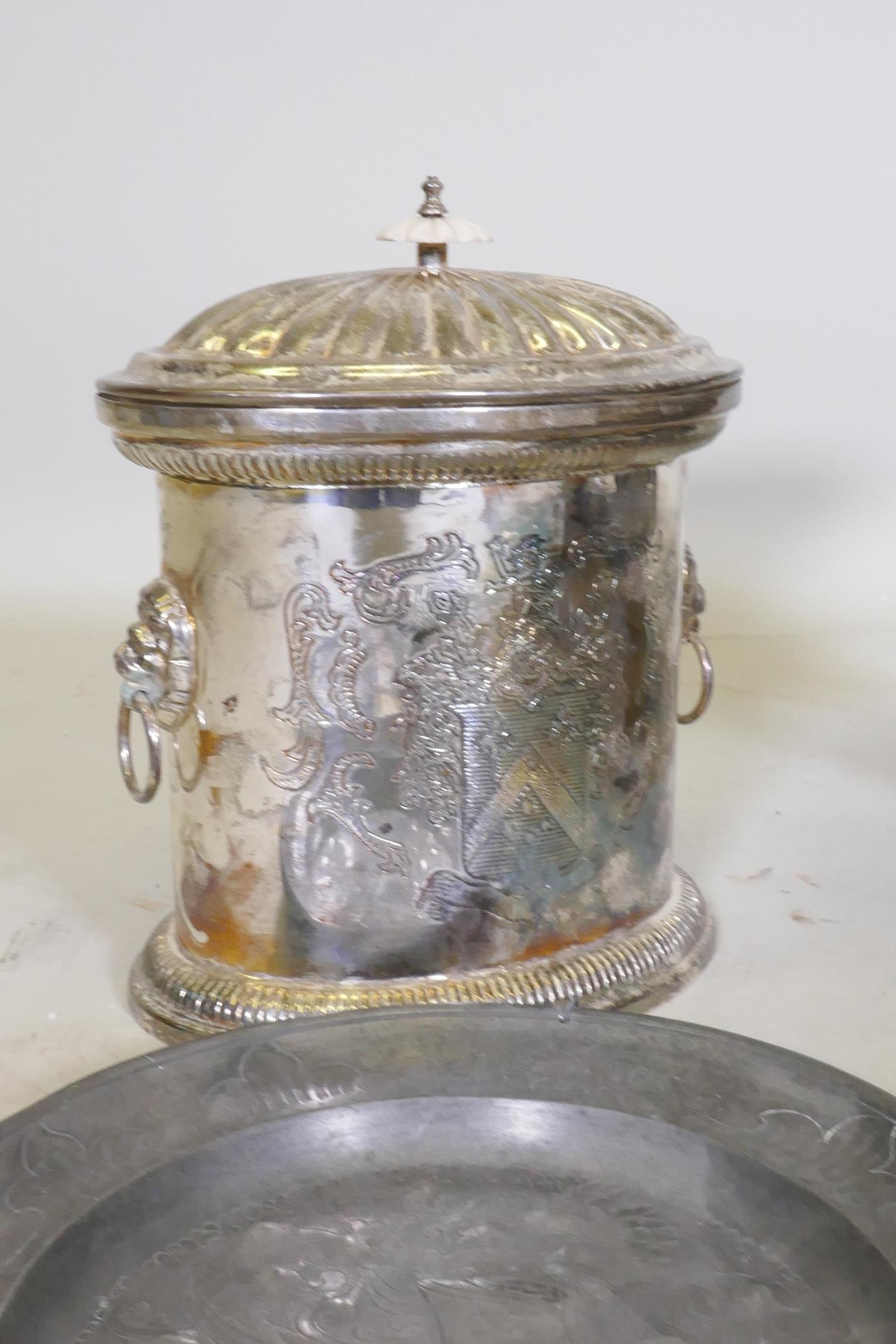 A set of antique weighing scales and weights, a pair of pewter plates with heraldic designs, a C19th - Image 3 of 5