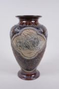 A late C19th Doulton Lambeth stoneware sgraffito vase decorated by Hannah B. Barlow depicting