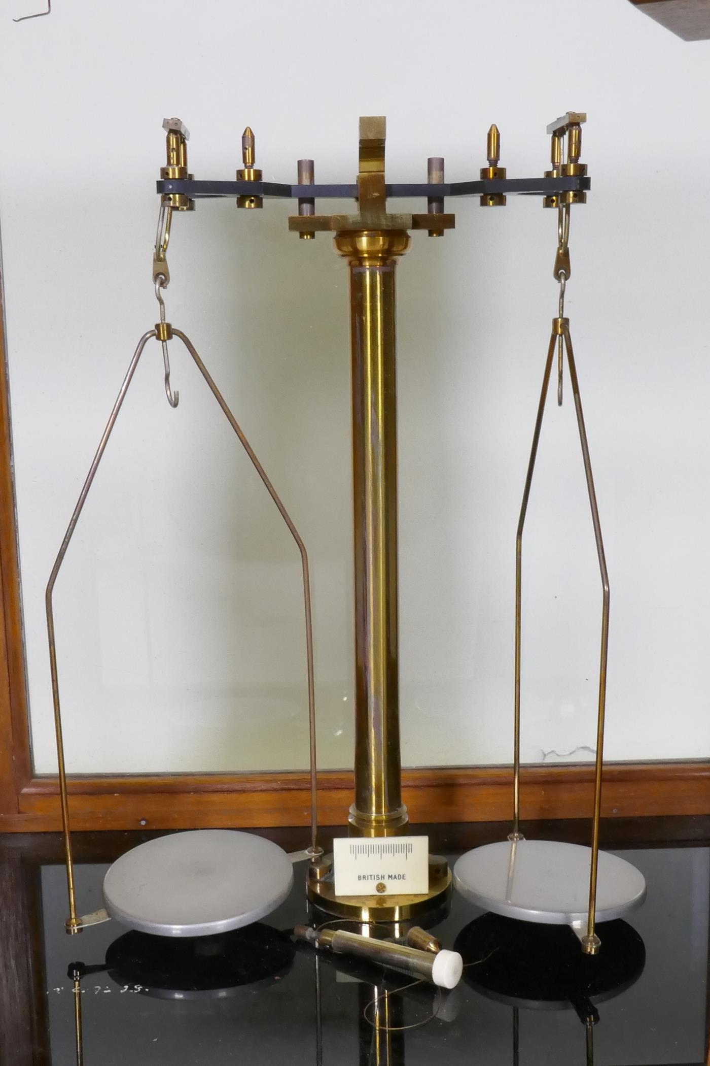A set of balance scales in a glazed wood cabinet, 43 x 30 x 50cm - Image 3 of 3