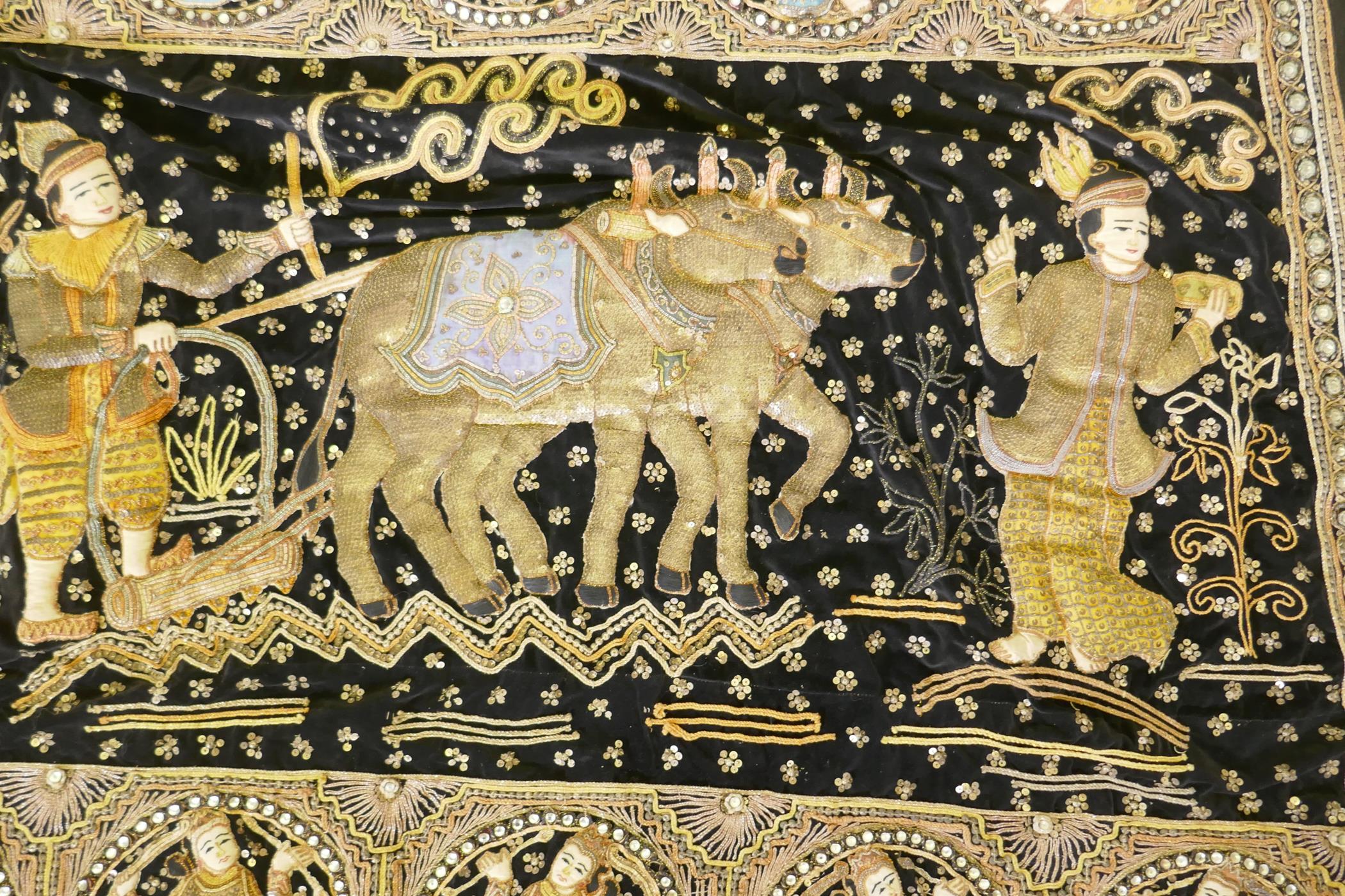 An oriental stumpwork wall hanging depicting a procession with oxen and plough, 213 x 150cm - Image 4 of 6