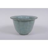 A Chinese Ru ware style celadon crackle glazed bowl with lobed rim, 10cm high x 15cm diameter