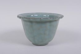 A Chinese Ru ware style celadon crackle glazed bowl with lobed rim, 10cm high x 15cm diameter