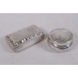 A C19th Dutch silver snuff box with raised decoration of Putti at play, export marks and English