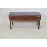 A mid century rosewood two drawer side table, with inset tile top, 92 x 42 x 44cm