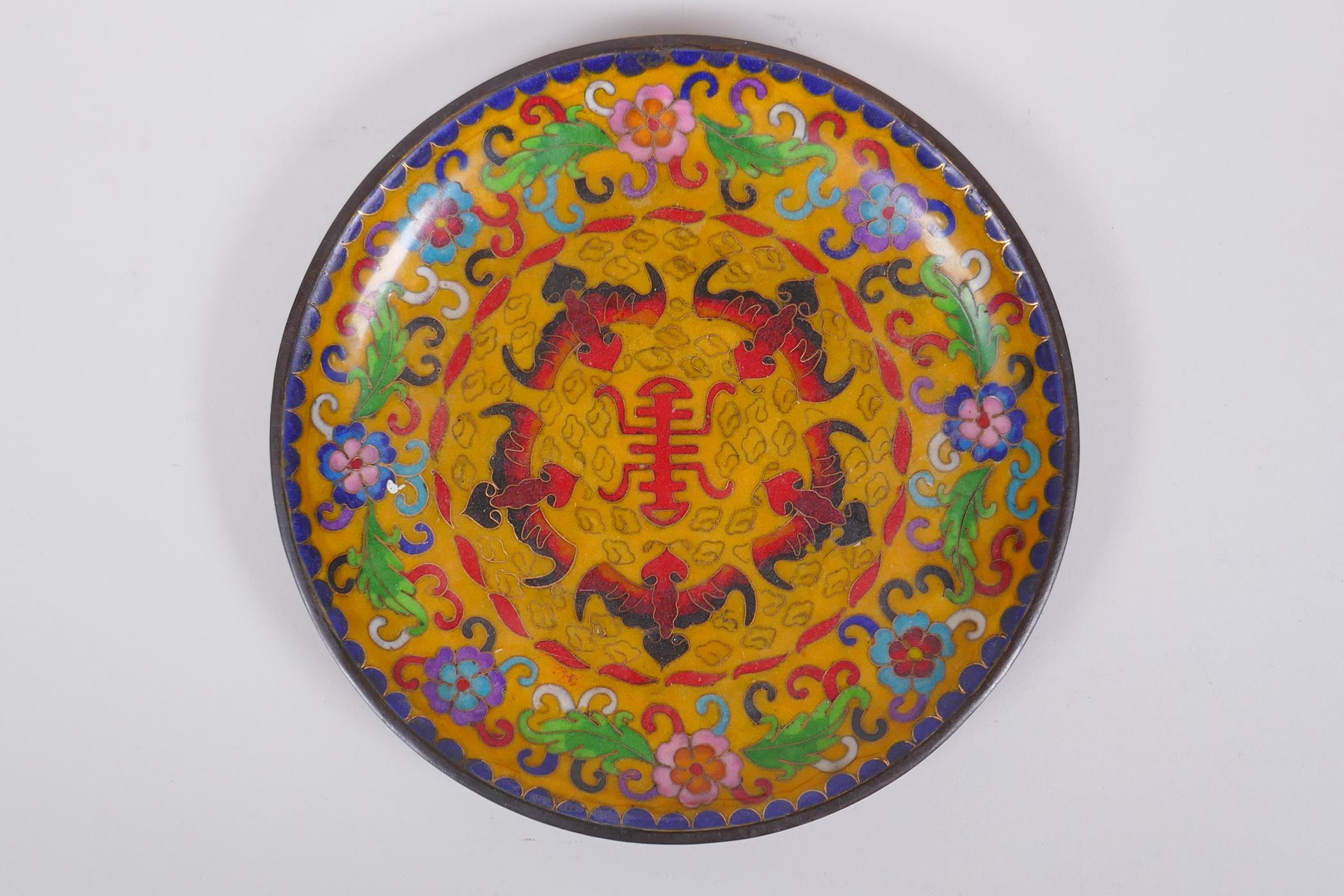 A Chinese cloisonne dish decorated with bats, flowers and auspicious symbols, 20cm diameter
