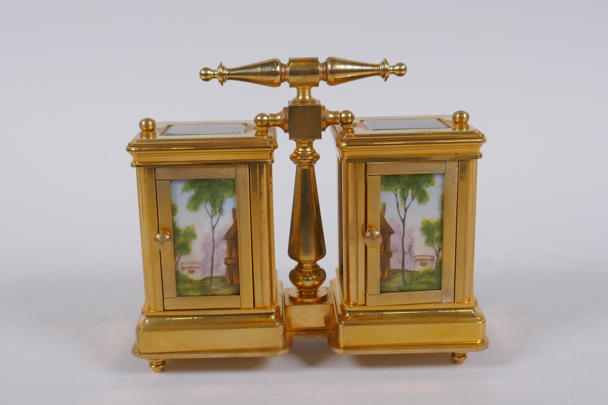 An ormolu and Sevres style porcelain twin carriage clock and barometer, the dials decorated with - Image 3 of 6