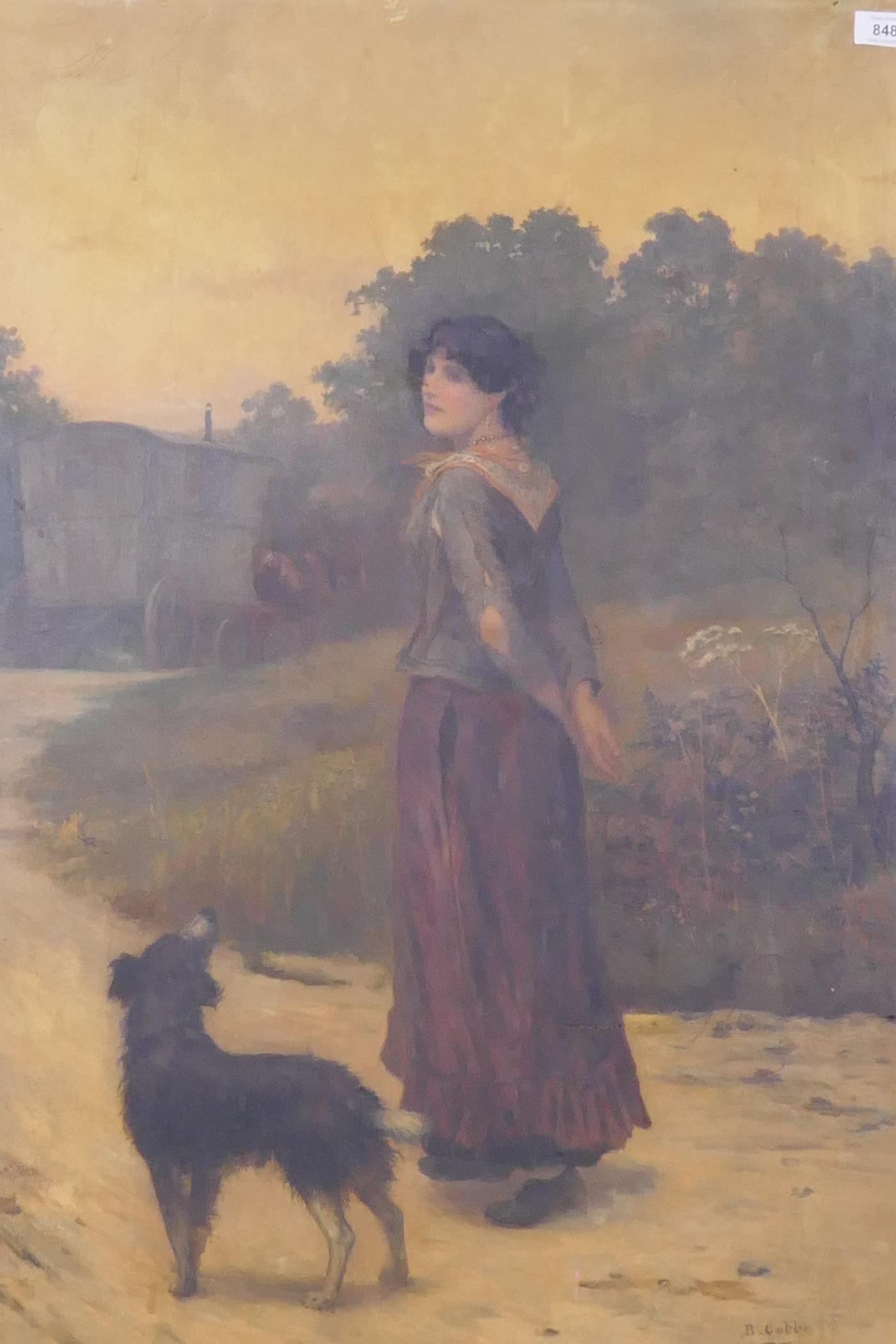 B. Cobbe, gypsy girl and dog on a path with caravan beyond, early C20th, signed, oil on canvas, re-
