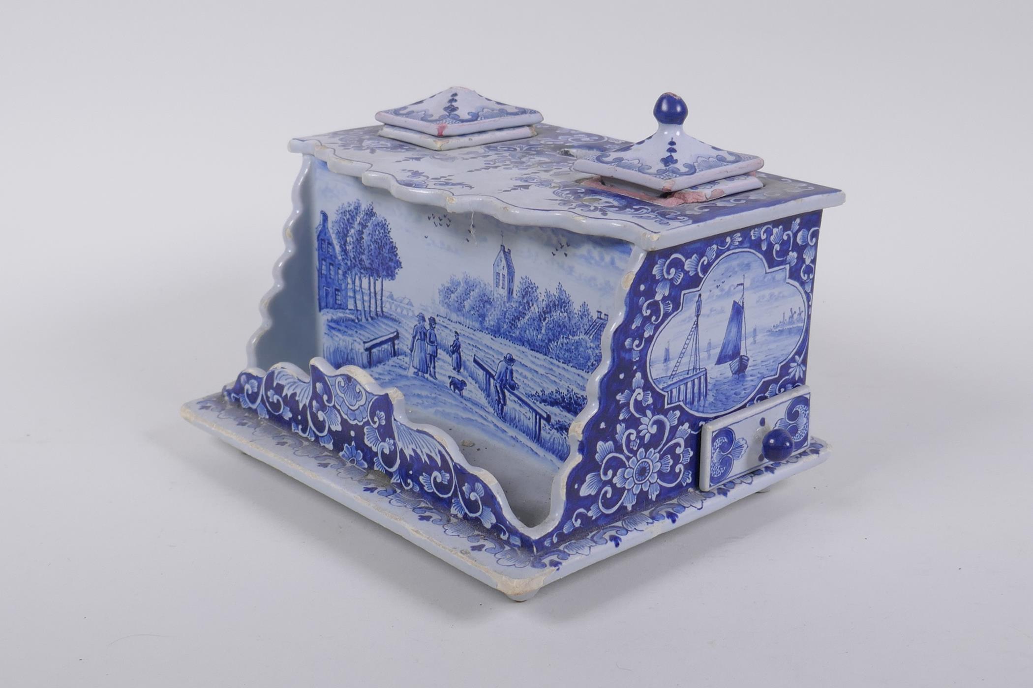 An C18th/C19th Delft blue and white desk stand with twin ink wells, marked Makkum to base, AF, 19 - Image 2 of 7