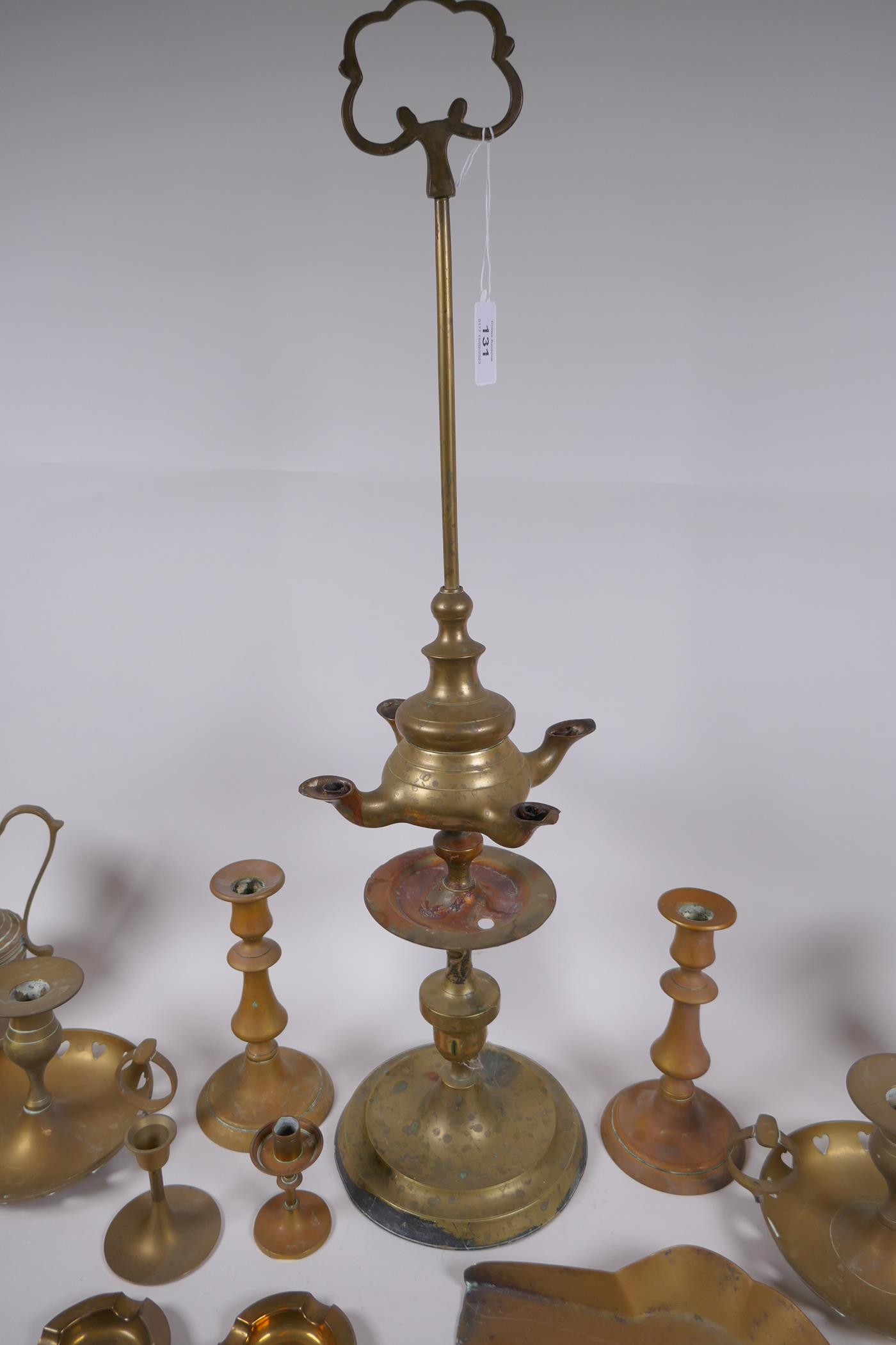 A quantity of brassware including a four spout whale oil lamp, pairs of candlesticks, ash trays, - Image 2 of 7