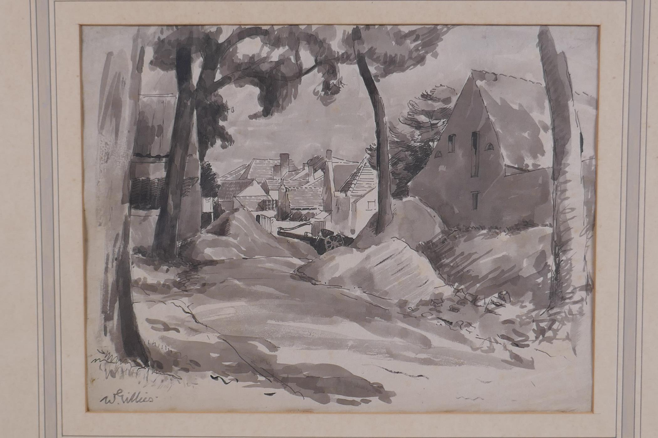 Pathway to a village, signed W. Gillies, ink and wash drawing, unframed, 20 x 27cm - Image 2 of 4