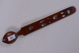 A Welsh love spoon, initialled DF & CH, dated 1804, 37cm long