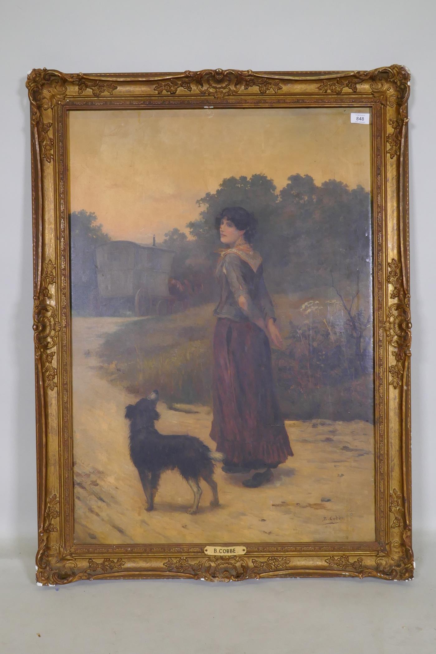 B. Cobbe, gypsy girl and dog on a path with caravan beyond, early C20th, signed, oil on canvas, re- - Image 5 of 6